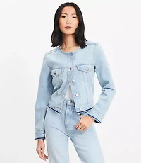 Petite Collarless Denim Jacket Destructed Light Wash
