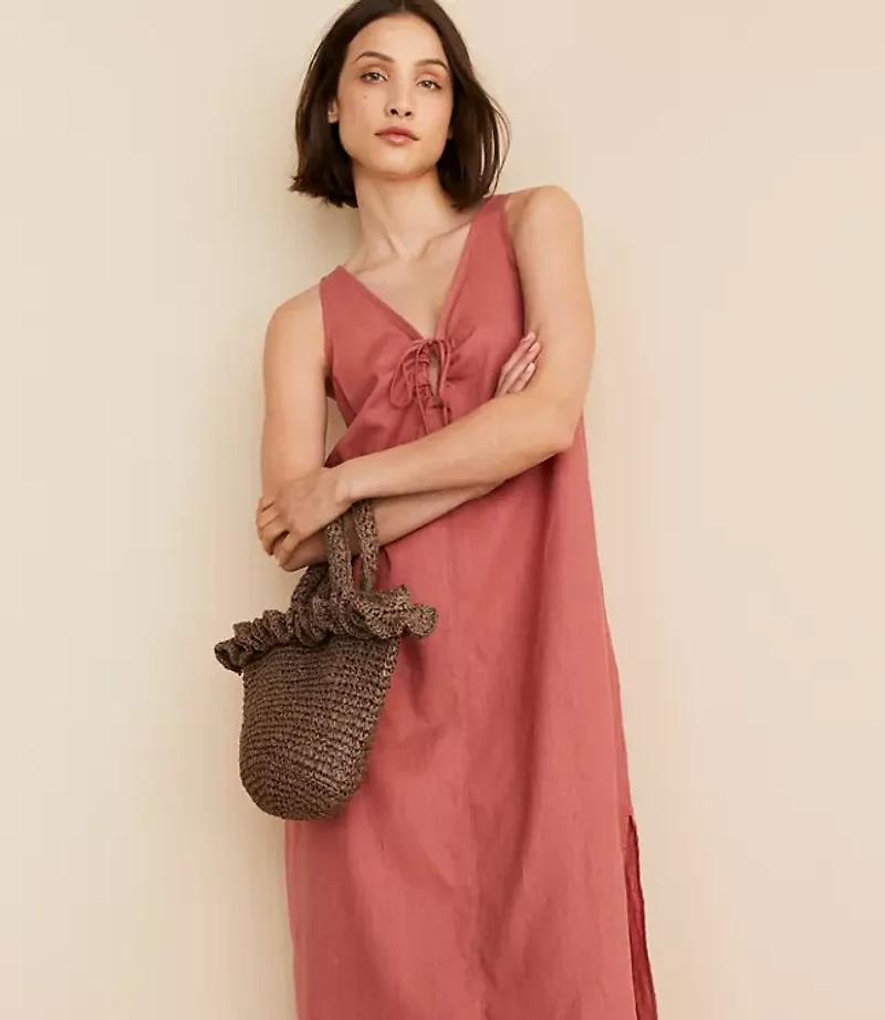 Lou & Grey Linen Cotton Tie Keyhole Maxi Pocket Dress