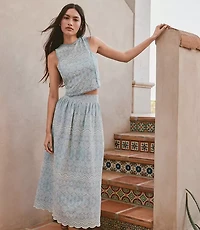 Floral Embroidered Scalloped Maxi Skirt
