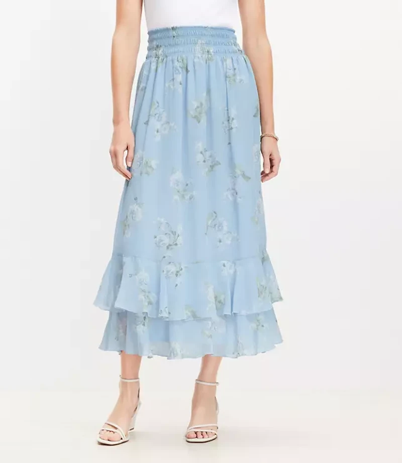 Floral Ruffle Smocked Maxi Skirt