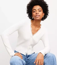 Lace Trim Ribbed V-Neck Cardigan