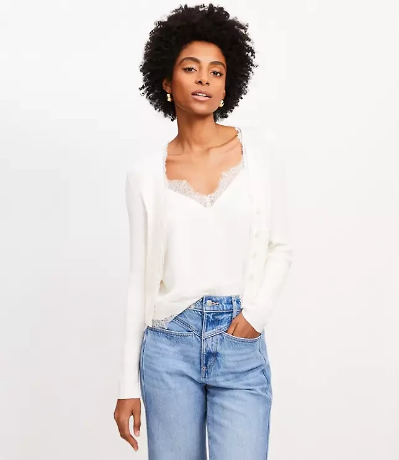Lace Trim Ribbed V-Neck Cardigan