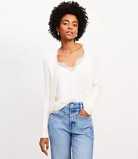 Lace Trim Ribbed V-Neck Cardigan