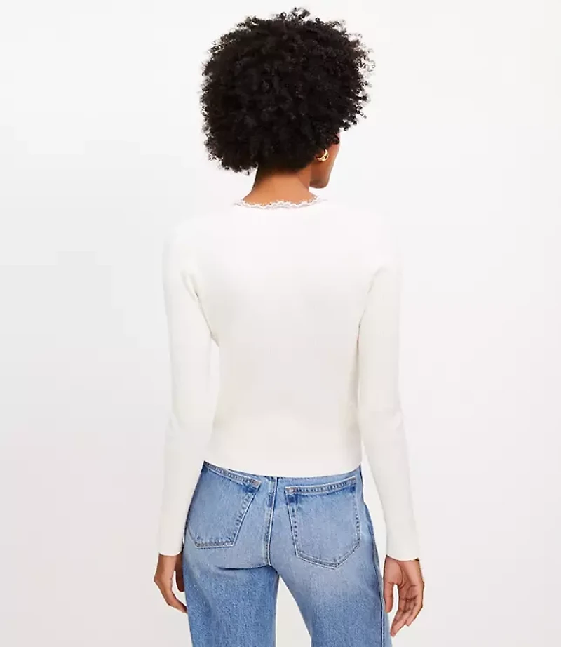 Lace Trim Ribbed V-Neck Cardigan