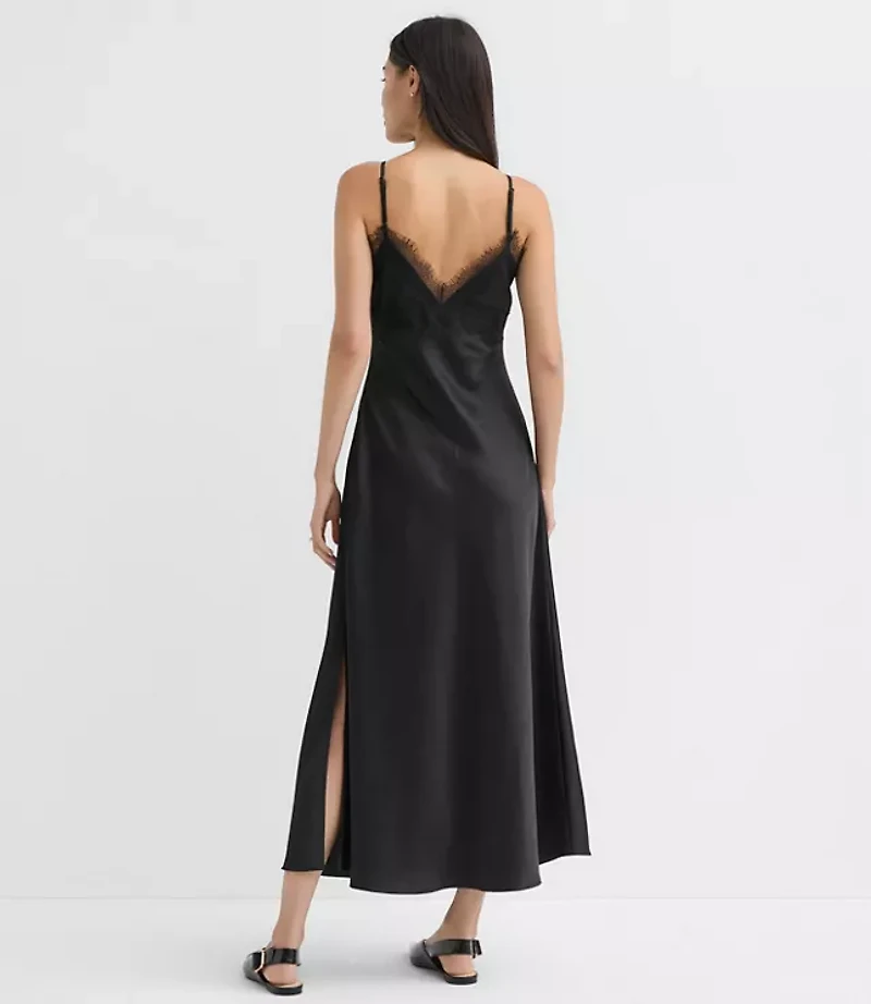 Lace Trim Satin Midi Slip Dress