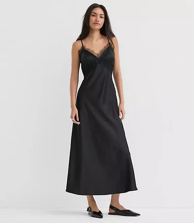 Lace Trim Satin Midi Slip Dress