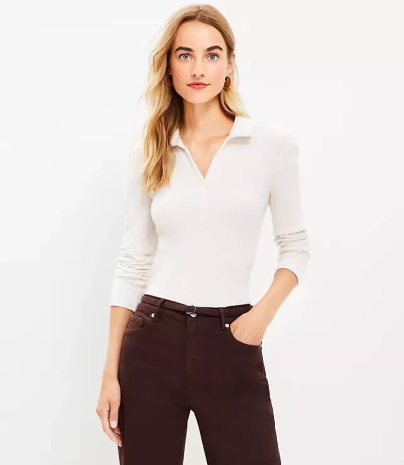 Cozy Ribbed Puff Sleeve Polo Top
