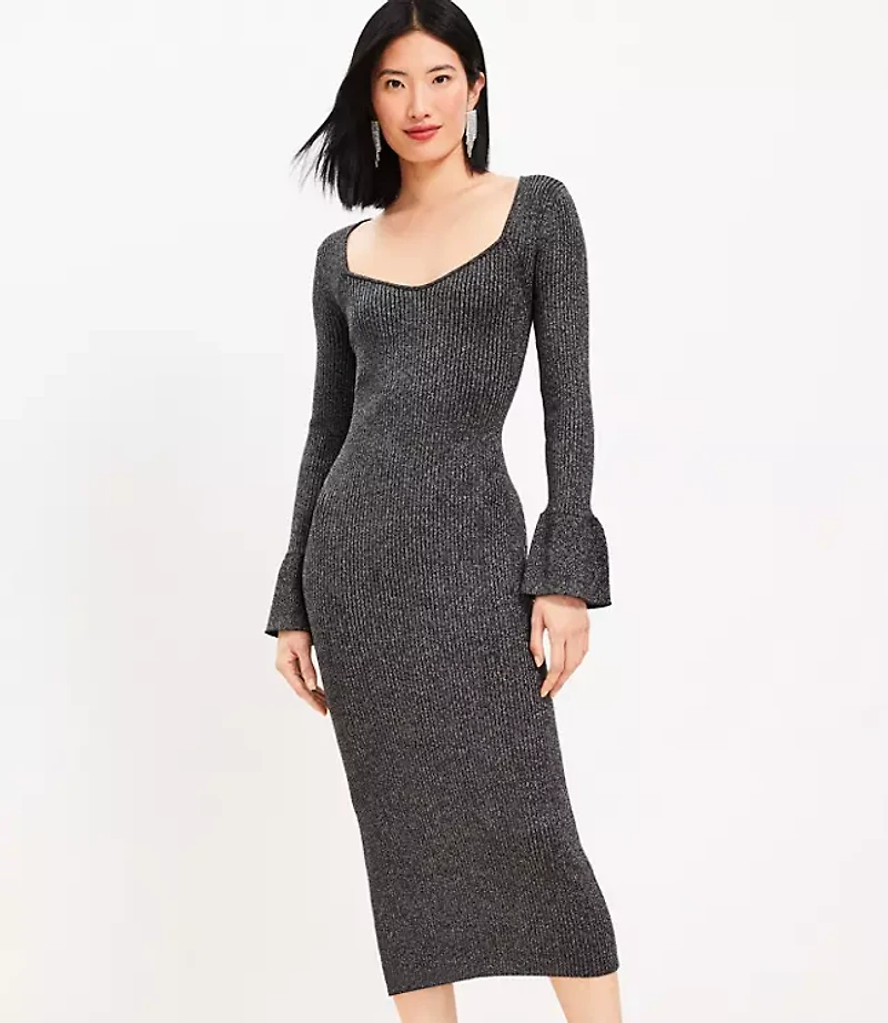 Ribbed Trumpet Sleeve Midi Sweater Dress