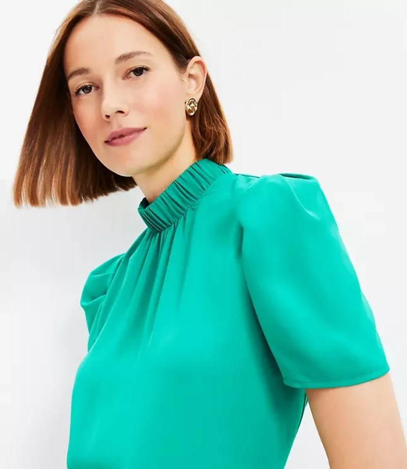 Petite Mock Neck Puff Sleeve Mixed Media Top