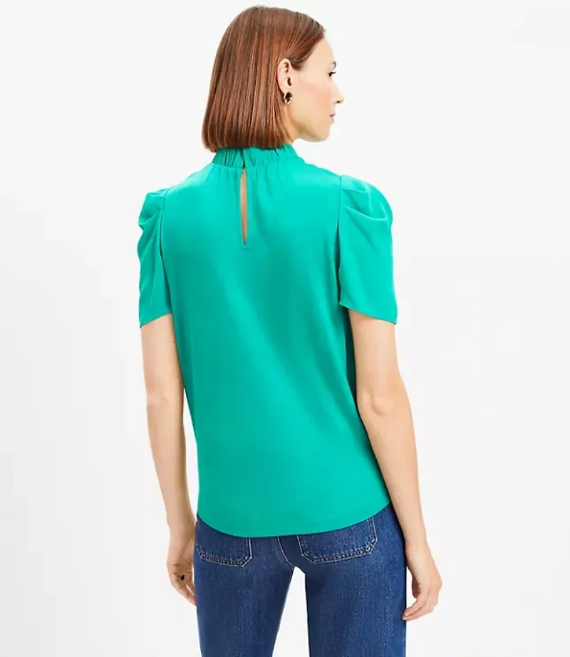 Petite Mock Neck Puff Sleeve Mixed Media Top