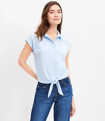 Dobby Stripe Modern Tie Front Mixed Media Top