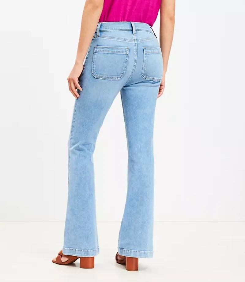 High Rise Patch Pocket Slim Flare Jeans in Light Wash