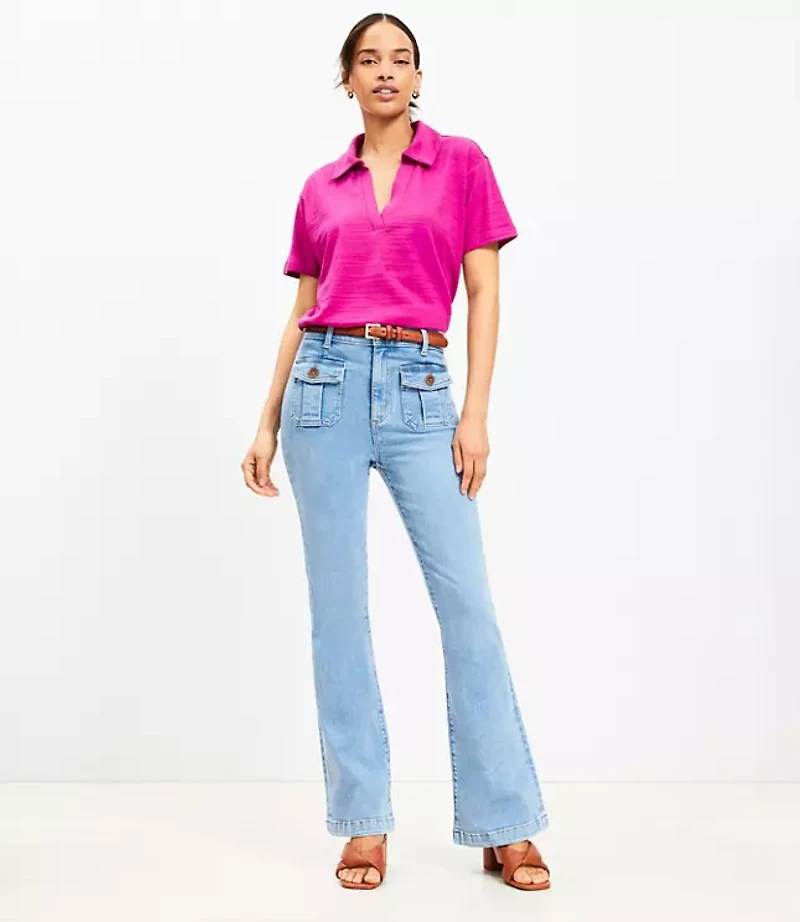 High Rise Patch Pocket Slim Flare Jeans in Light Wash