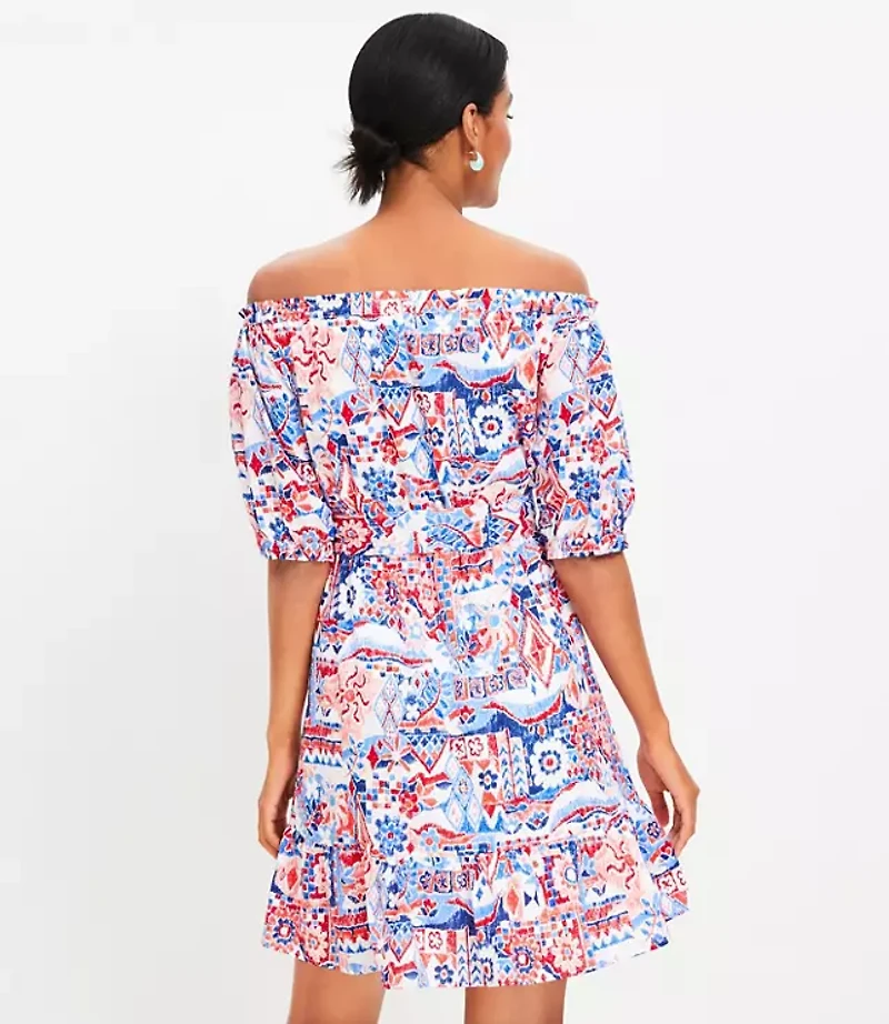 Scribble Ruffle Off The Shoulder Mini Dress