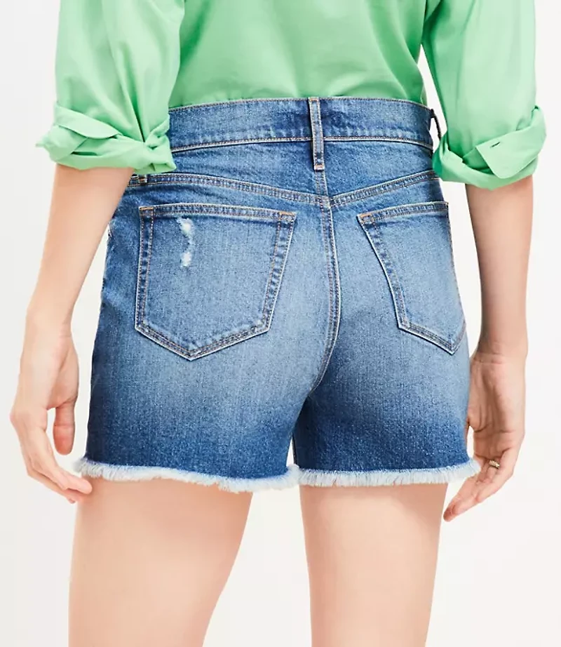Frayed High Rise Cut Off Denim Shorts in Authentic Dark Wash