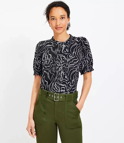 Ripple Pintucked Puff Sleeve Mixed Media Blouse