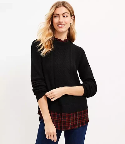 Plaid Layered Mixed Media Cable Sweater