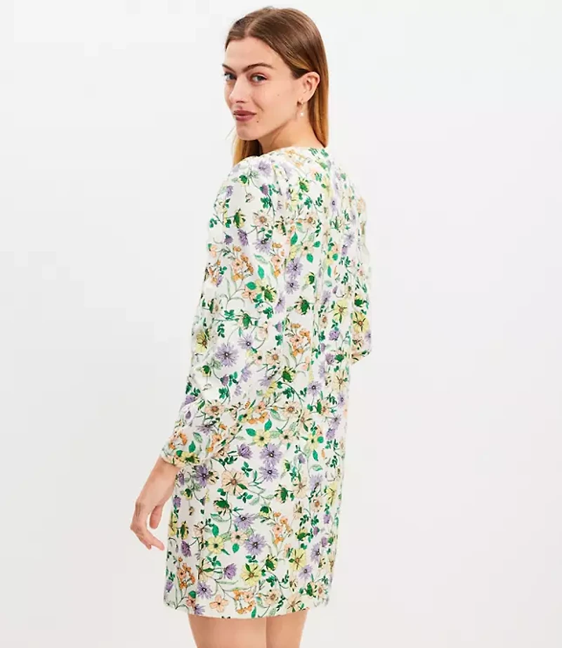 Floral Linen Blend Long Sleeve Shift Dress