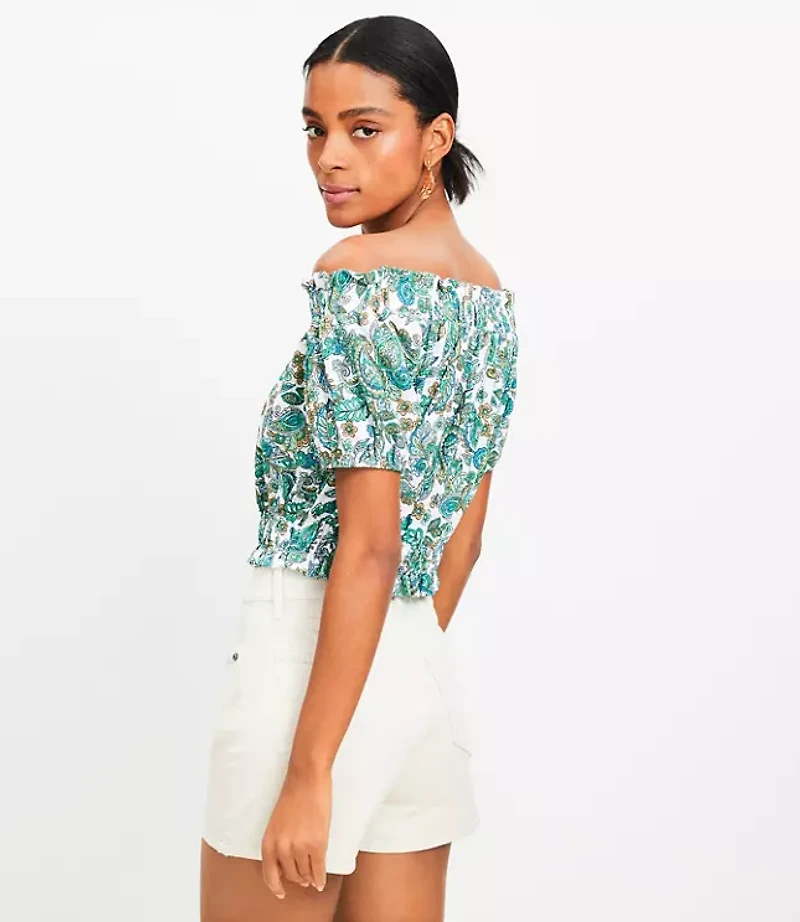 Paisley Crinkle Jacquard Off The Shoulder Top