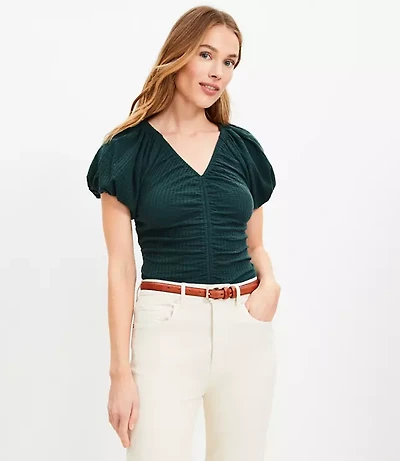 Seersucker Cinched Bubble Sleeve Top