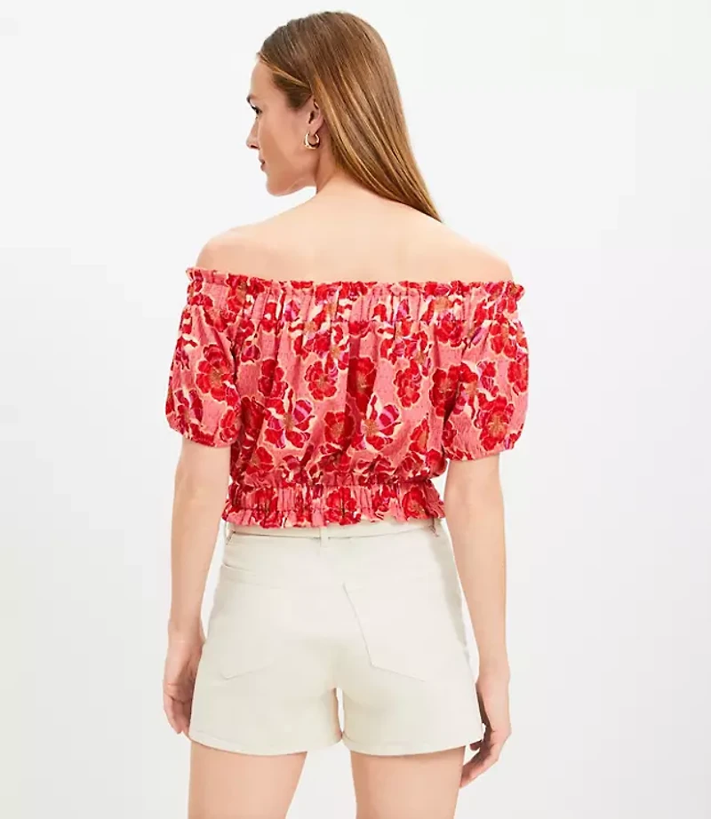 Floral Crinkle Jacquard Off The Shoulder Top