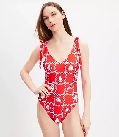 LOFT Beach Beachcomber Plunge Bow Tie One Piece Swimsuit