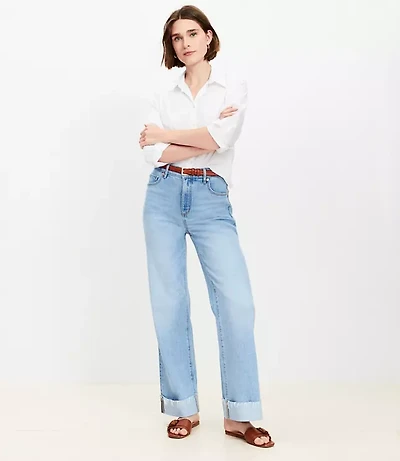 Flip Cuff High Rise Wide Leg Jeans Light Wash