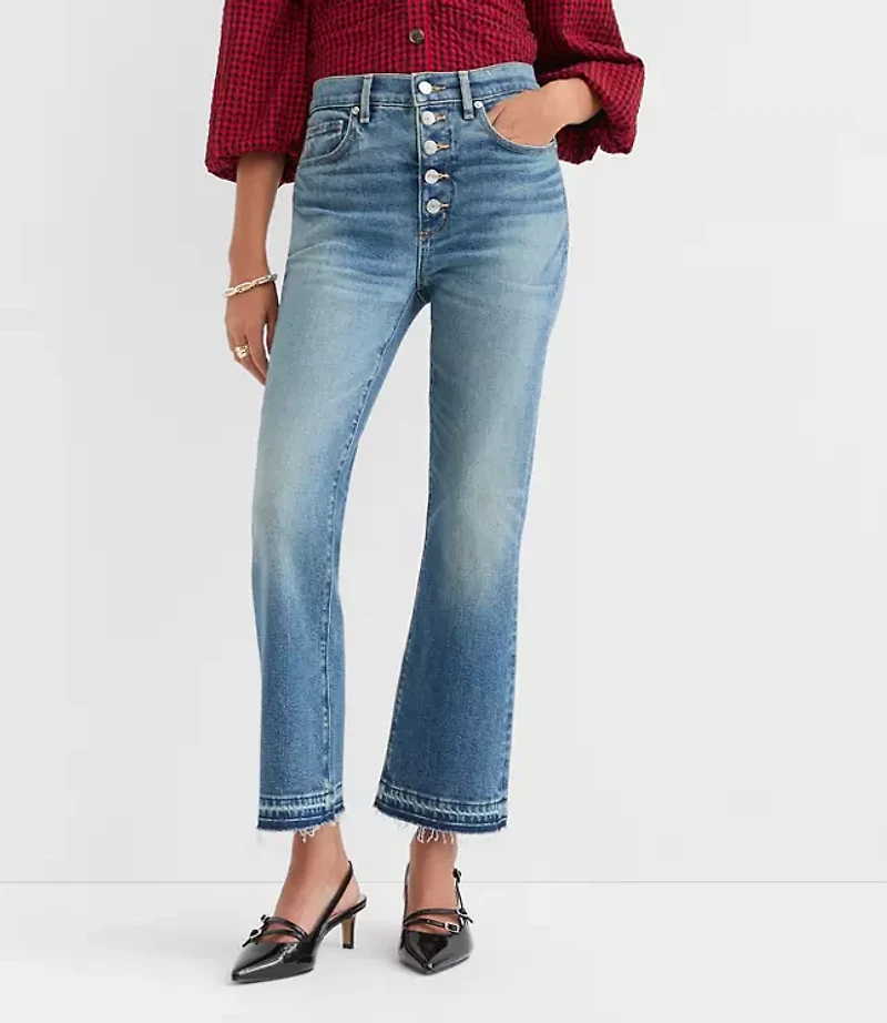 Button Front High Rise Kick Crop Jeans Mid Vintage Wash