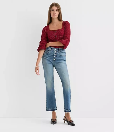 Button Front High Rise Kick Crop Jeans Mid Vintage Wash