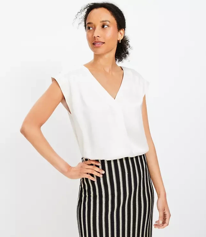Petite Satin Cap Sleeve V-Neck Top
