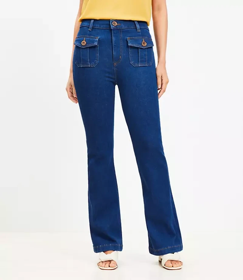 Curvy High Rise Patch Pocket Slim Flare Jeans Dark Wash