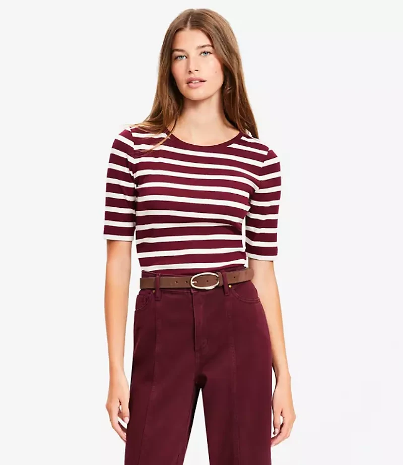 Petite Stripe Perfect Ribbed Elbow Sleeve Tee