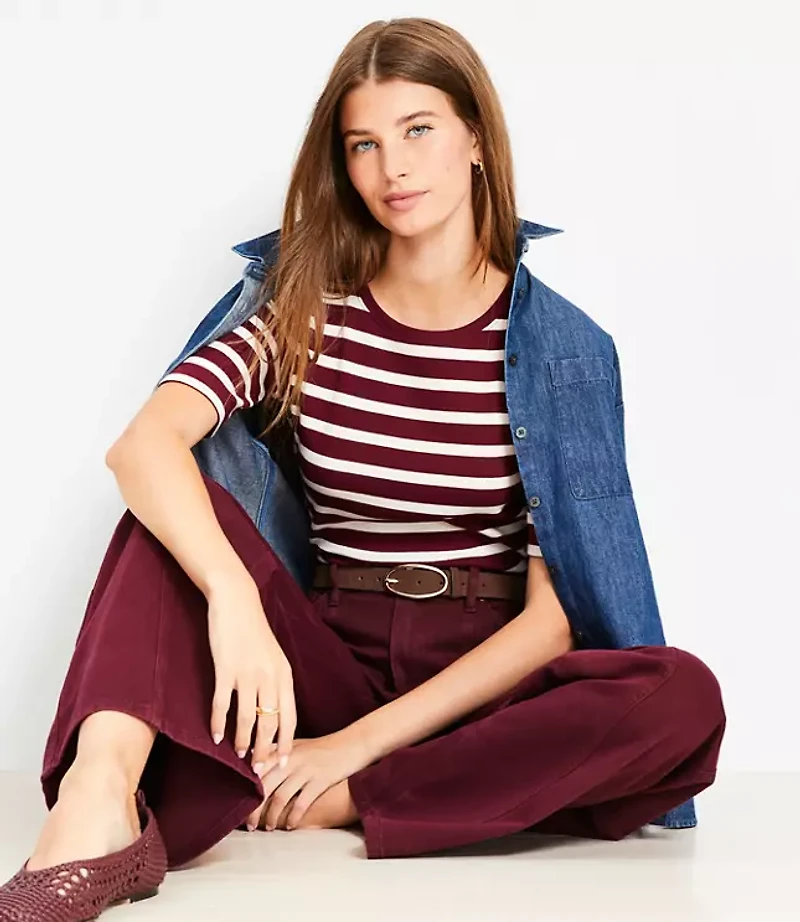 Petite Stripe Perfect Ribbed Elbow Sleeve Tee