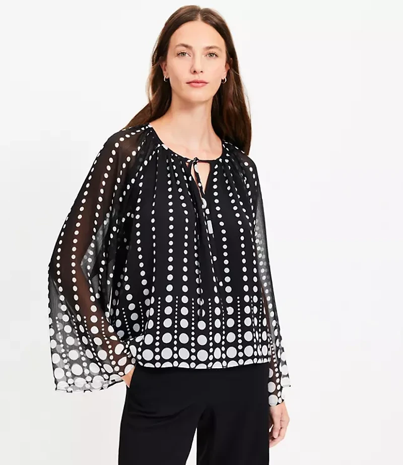 Dotted Flare Sleeve Tie Neck Blouse