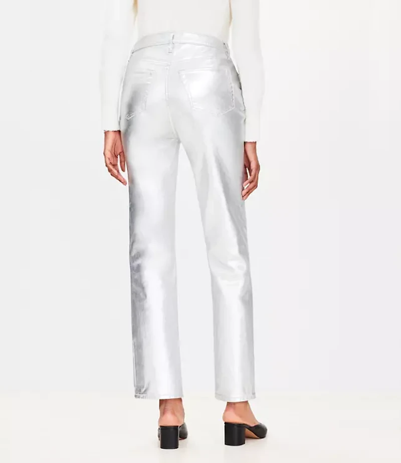 Curvy Coated High Rise Straight Jeans Silver Metallic