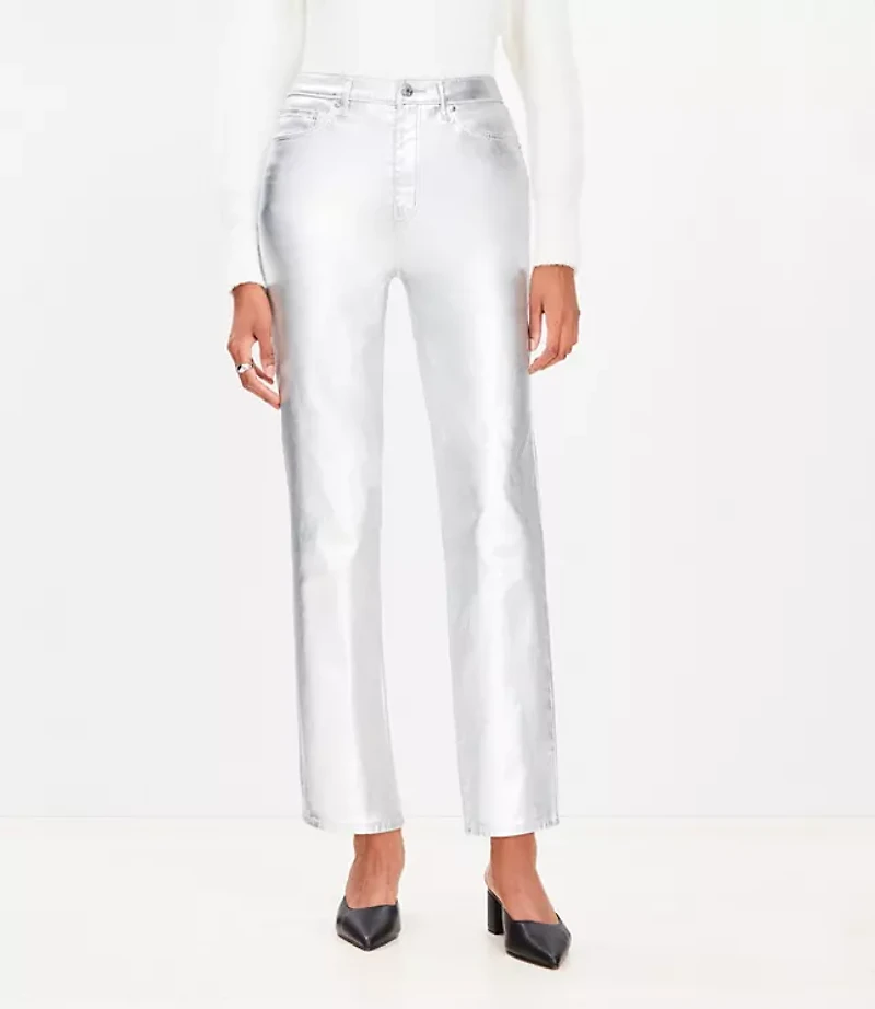 Curvy Coated High Rise Straight Jeans Silver Metallic