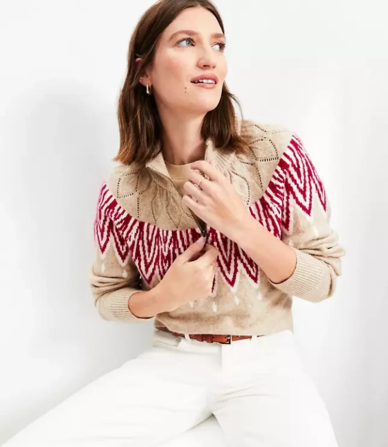 Pointelle Fair Isle Half Zip Sweater