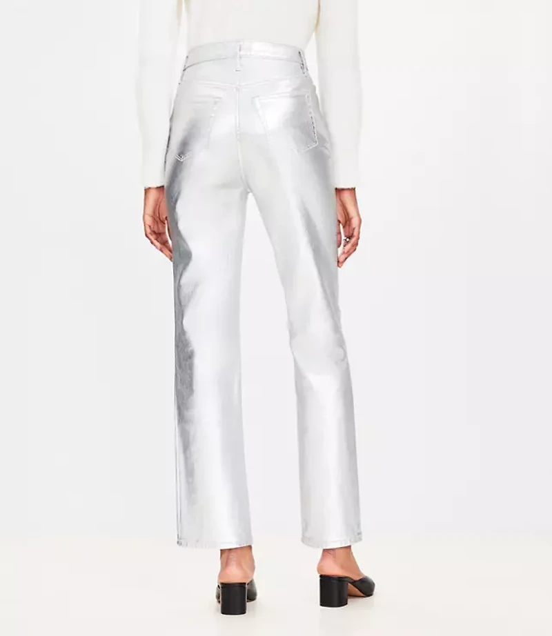 Tall Coated High Rise Straight Jeans in Silver Metallic