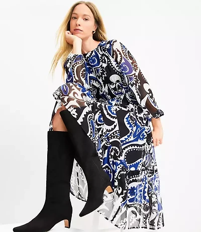 Paisley Shirred Flounce Midi Dress