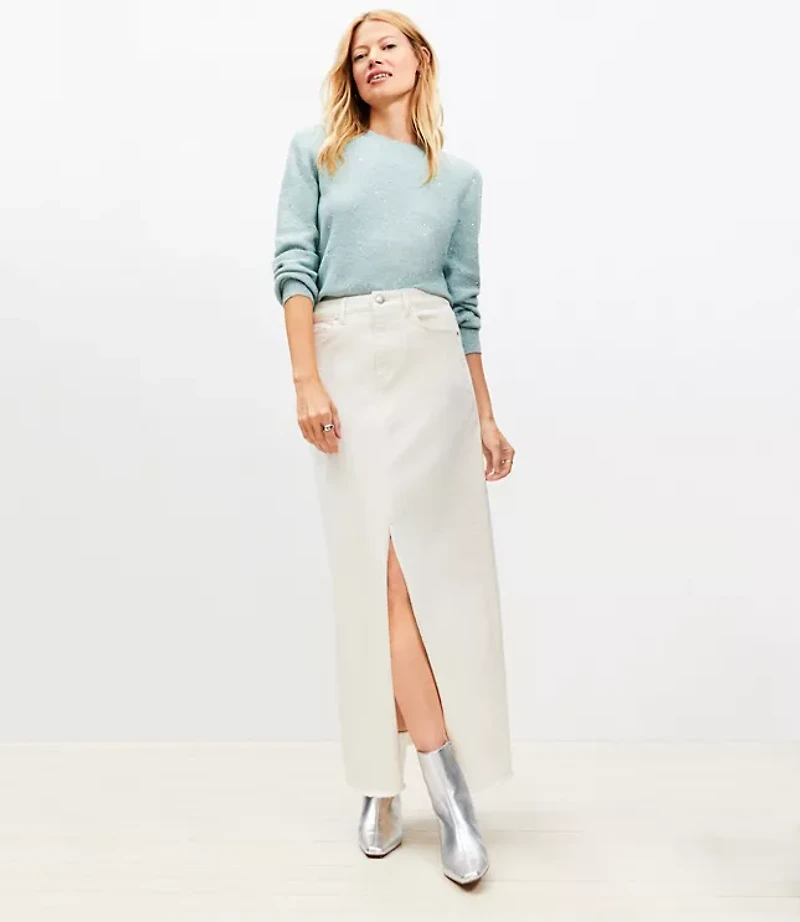 Frayed Denim Maxi Skirt in Ivory
