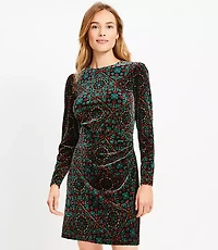 Ornamental Floral Shirred Velvet Mini Dress