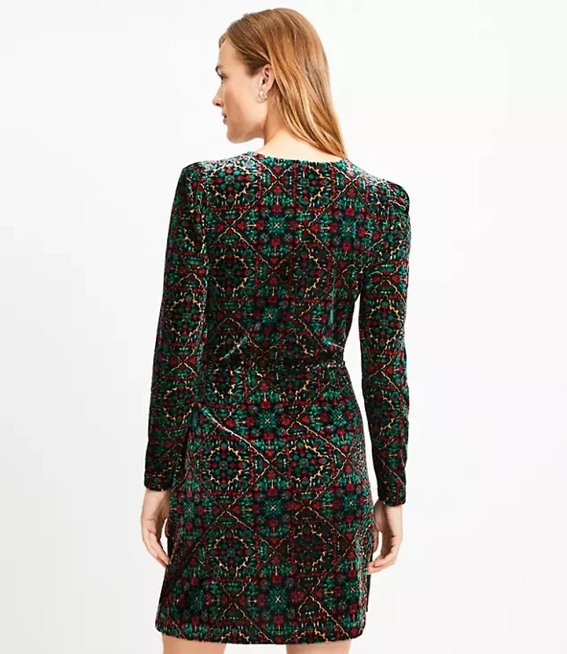 Ornamental Floral Shirred Velvet Mini Dress