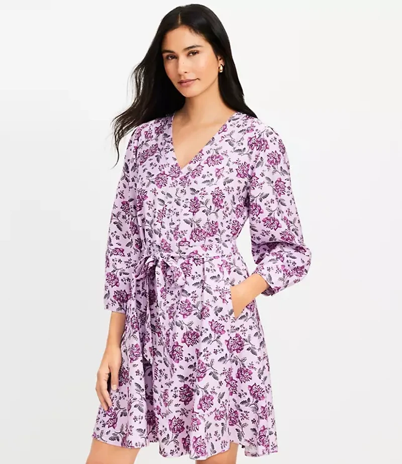 Floral Balloon Sleeve Mini Pocket Dress