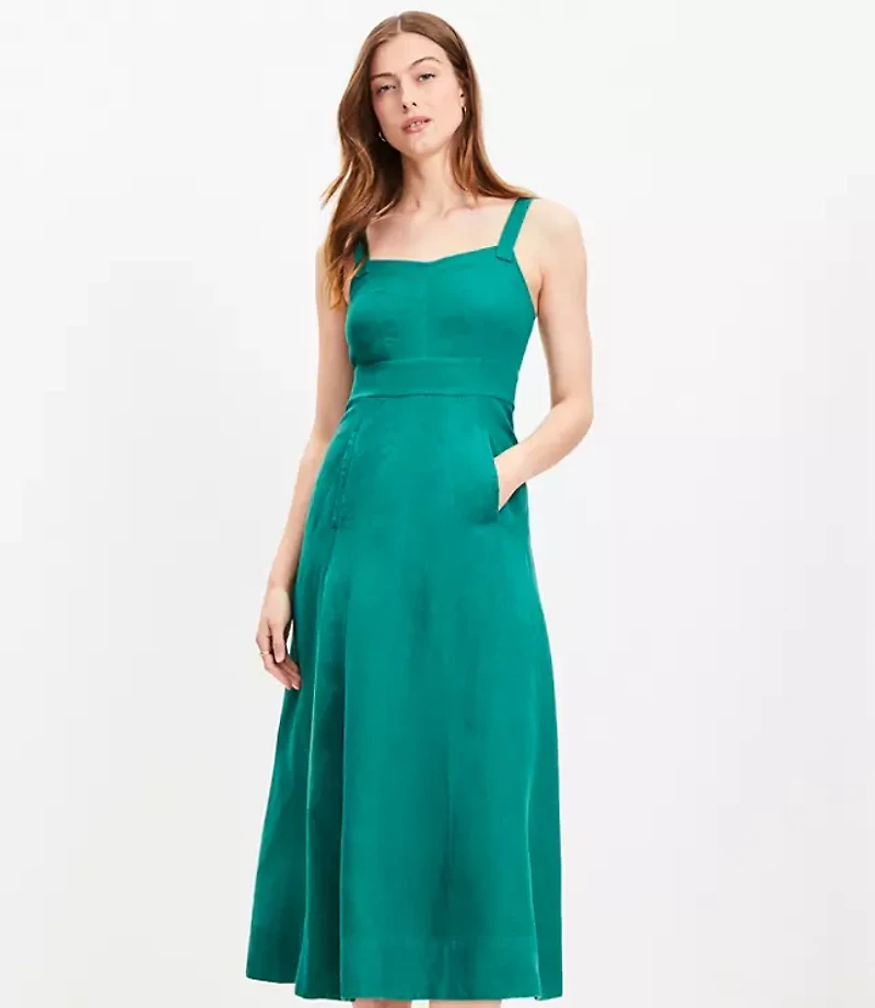 Linen Blend Seamed Midi Pocket Dress