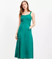 Linen Blend Seamed Midi Pocket Dress