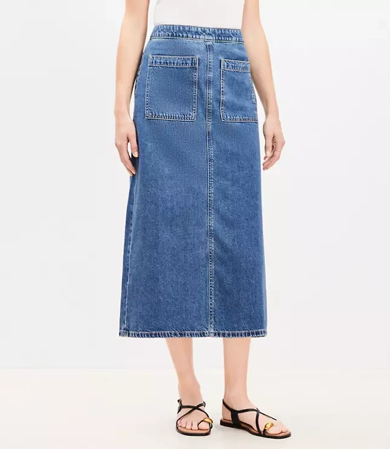 Denim Patch Pocket Midi Skirt in Classic Mid Wash