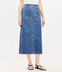 Denim Patch Pocket Midi Skirt in Classic Mid Wash