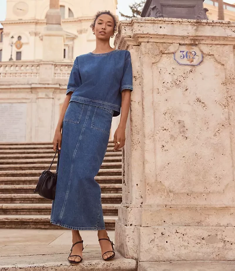 Denim Patch Pocket Midi Skirt in Classic Mid Wash