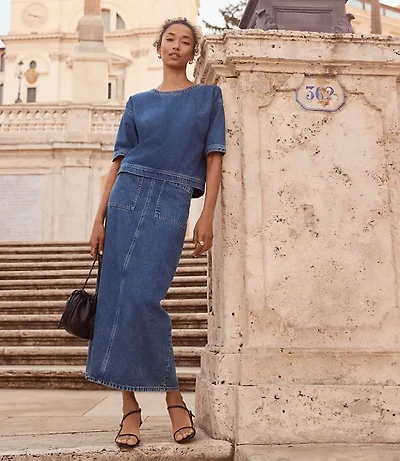 Denim Patch Pocket Midi Skirt Classic Mid Wash