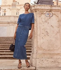 Denim Patch Pocket Midi Skirt in Classic Mid Wash